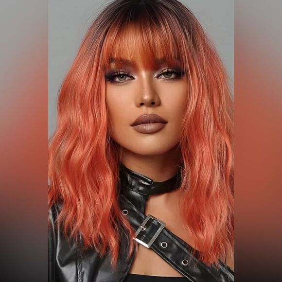 Stunning 18 inch bob water wave, medium length brown granite, dark red ombre wig - Picture 7 of 7